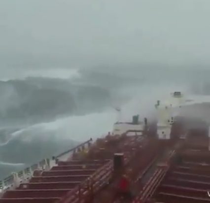 Tanker Roughs The Seas, Massive Waves, During Hurricane Lane