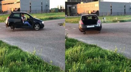 Car On Caster Wheels Spins Into A Frenzy