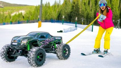 Massive RC Car Towing People On Skiis