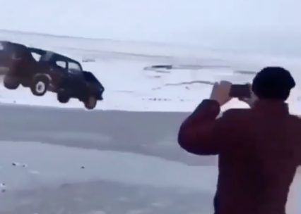 Jumping a Car into a Frozen Lake is Probably a Bad Idea, These Guys Don’t Care