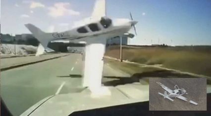 Dashcam Captures Moment Small Airplane Nearly Takes Out Vehicle.