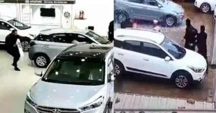 Test Drivers Slams Car Through Front of Dealership