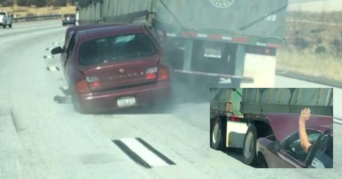 Car Getting Dragged Down The Highway By Unaware Big Rig Driver