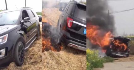 Stuck Ford Explorer Driver Sets Field On Fire, Engulfs Entire Car In Flames