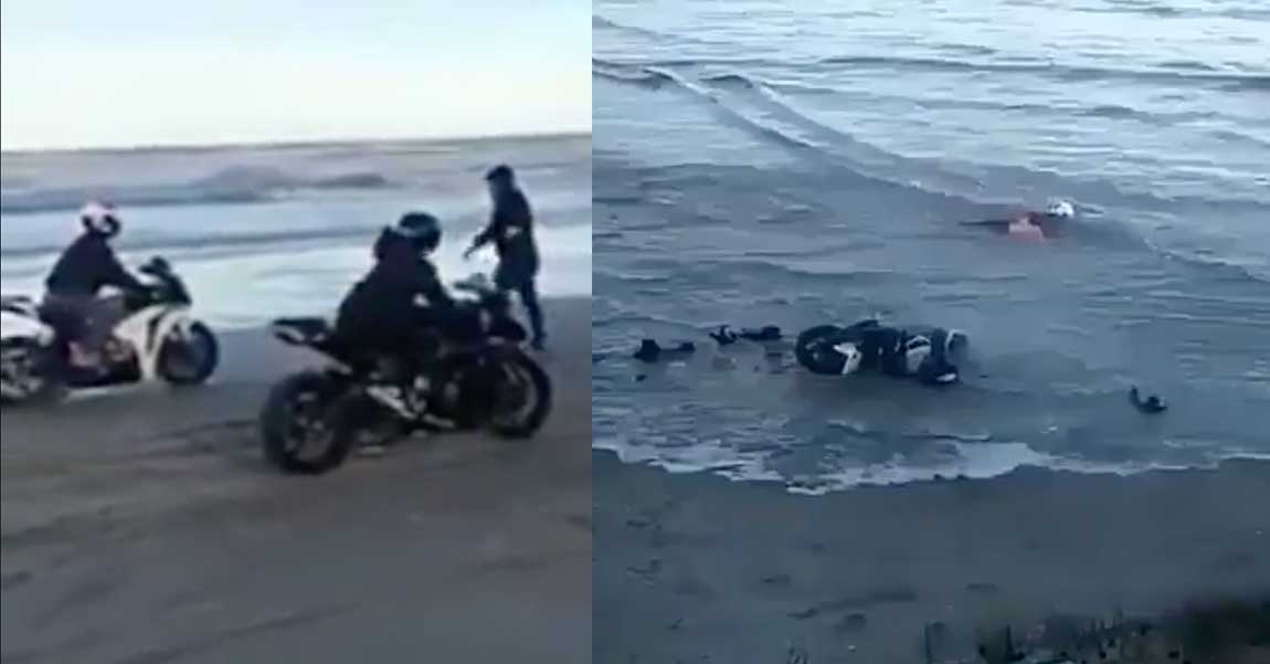 Racing Street Bikes on Beach Ends Terribly Wrong (Watch Out For That Wave!)