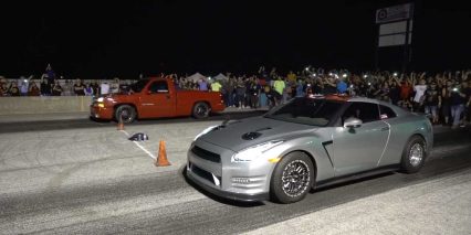 Turbo AWD Silverado VS 2000+HP Nissan GTR, In $10k Grudge Race, Burnout the Whole Time!