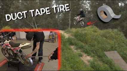 Jumping A Dirt bike With A Tire Made Of Duct Tape