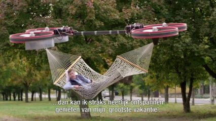 Guy Flies Around Town in Hammock Hanging From Giant Drone