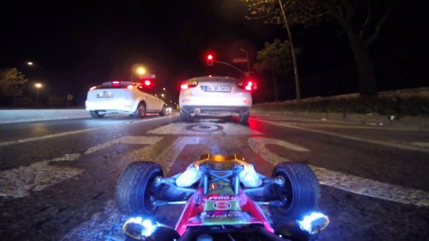 LED Lit R/C Car Weaves Through Real Life Traffic at Night