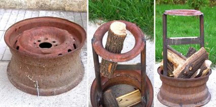 “Useless” Rusty Old Steel Wheel Repurposed For Creative Fire Pit / Wood Splitter.