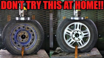 Hydraulic Press Puts Steel Wheels Against Alloy Wheels