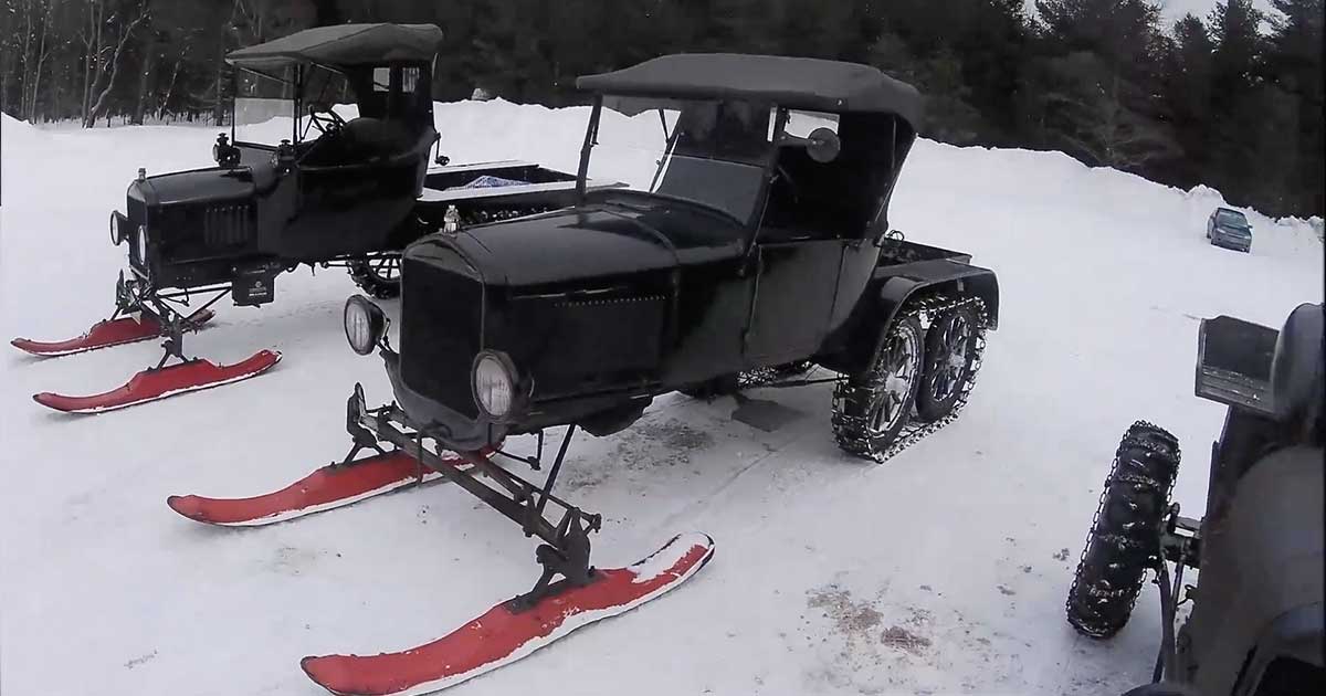 Ford Model Ts Turned Snowmobile Take Over an Entire Car Meet