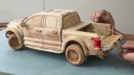 Life Like Ford Raptor Pickup Carved Out of Wooden Blocks