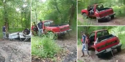 Dude Tries to Pull Move an Upside Down Truck With a Chain, Rips His Own Truck in Half!
