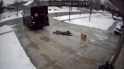 UPS Guy Refuses to be Defeated by Icy Driveway