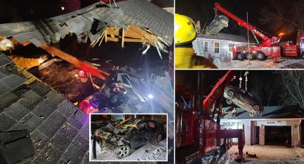 Speeding Car Loses Control, Launches From the Road, and Pile Drives Through the Roof of Nearby Home