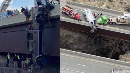 Family Saved by Trailer Safety Chain as Their Truck Hops Guard Rail, Dangles Over 100-Foot Drop