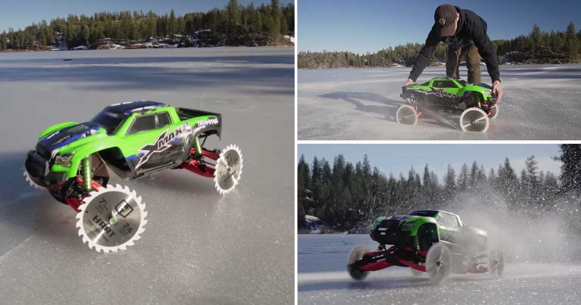 Traxxas RC Taken to Frozen Lake With Saw Blades Instead of Wheels