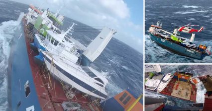 Helicopter Dramatically Rescues 12 Crew Members From Tilted Cargo Ship