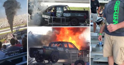 Diesel Truck Launches Flaming Pistons Into the Grandstands Following Catastrophic Dyno Pull