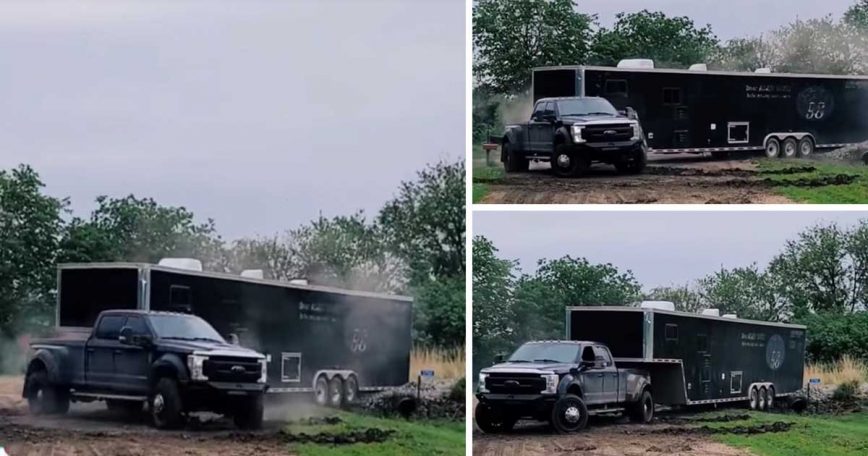 Dually Goes Full Drift Mode Trying to Yank Massive Trailer Out of Sticky Spot