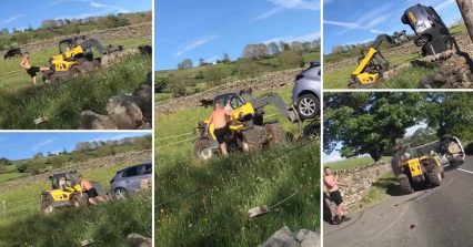 Angry Farmer Uses Tractor to Move Car Blocking Driveway