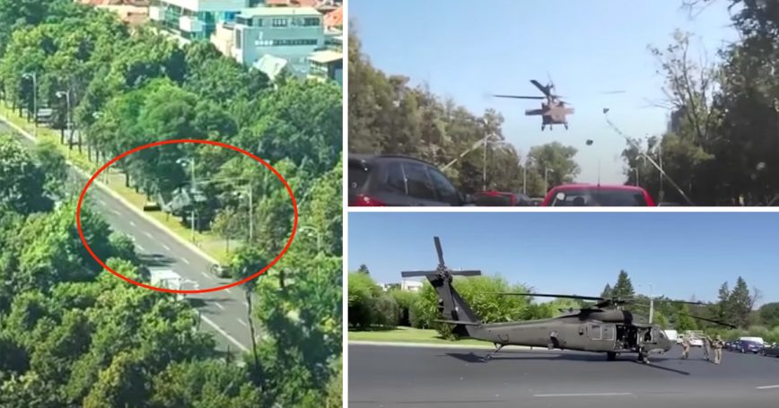 Helicopter Makes Emergency Landing in Heavy Traffic Takes Out Lamp Post (Several Angles)