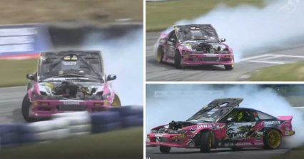 Hood Latch Fails on Drift Car, Driver Nails PERFECT Run Without Being Able to See!