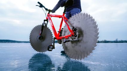 Dude Creates the Ultimate Death Trap, Takes Saw Blade Bike on ICE!