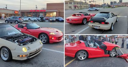 Dodge Viper Plants Into Light Pole After Trying to Race Acura Integra