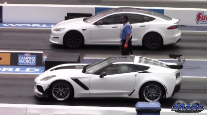 Tesla Plaid Lines up With Corvette ZR1 at the Strip