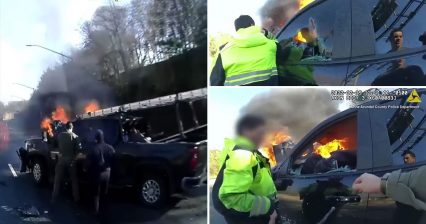 Camera Captures Man Pulled From Burning Truck in Heroic Act