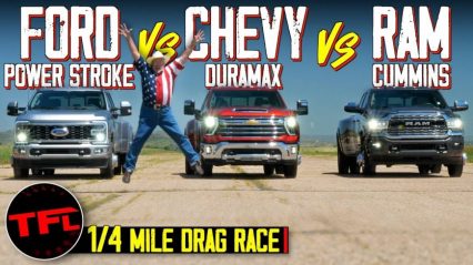 Ford vs Chevy vs Ram Diesel Dually Drag Race: Which of These Huge HD Trucks is the Fastest?