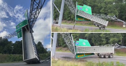 Semi Crash in Virginia Leaves Trailer Dangling on Sign